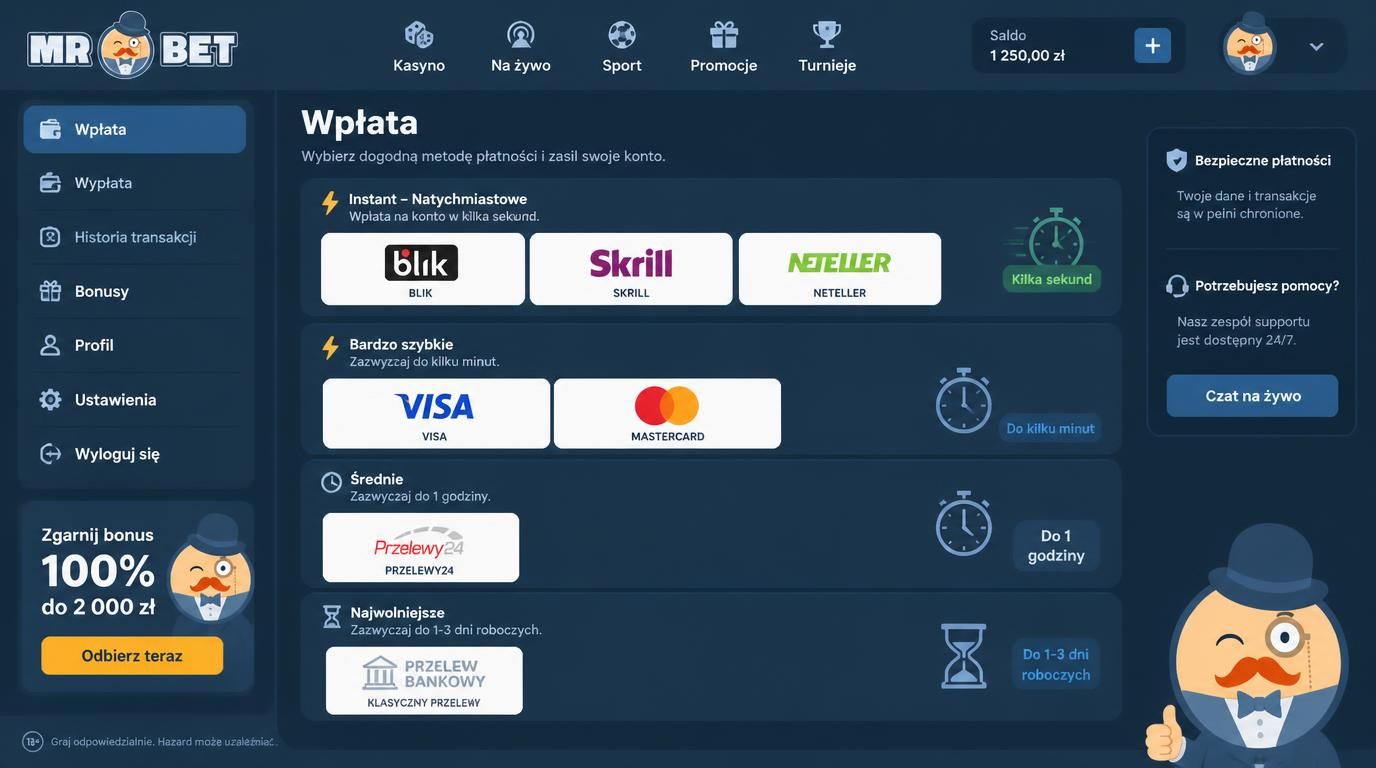 Metody wpłat w Mr Bet: BLIK, Skrill, Neteller, karty, przelewy