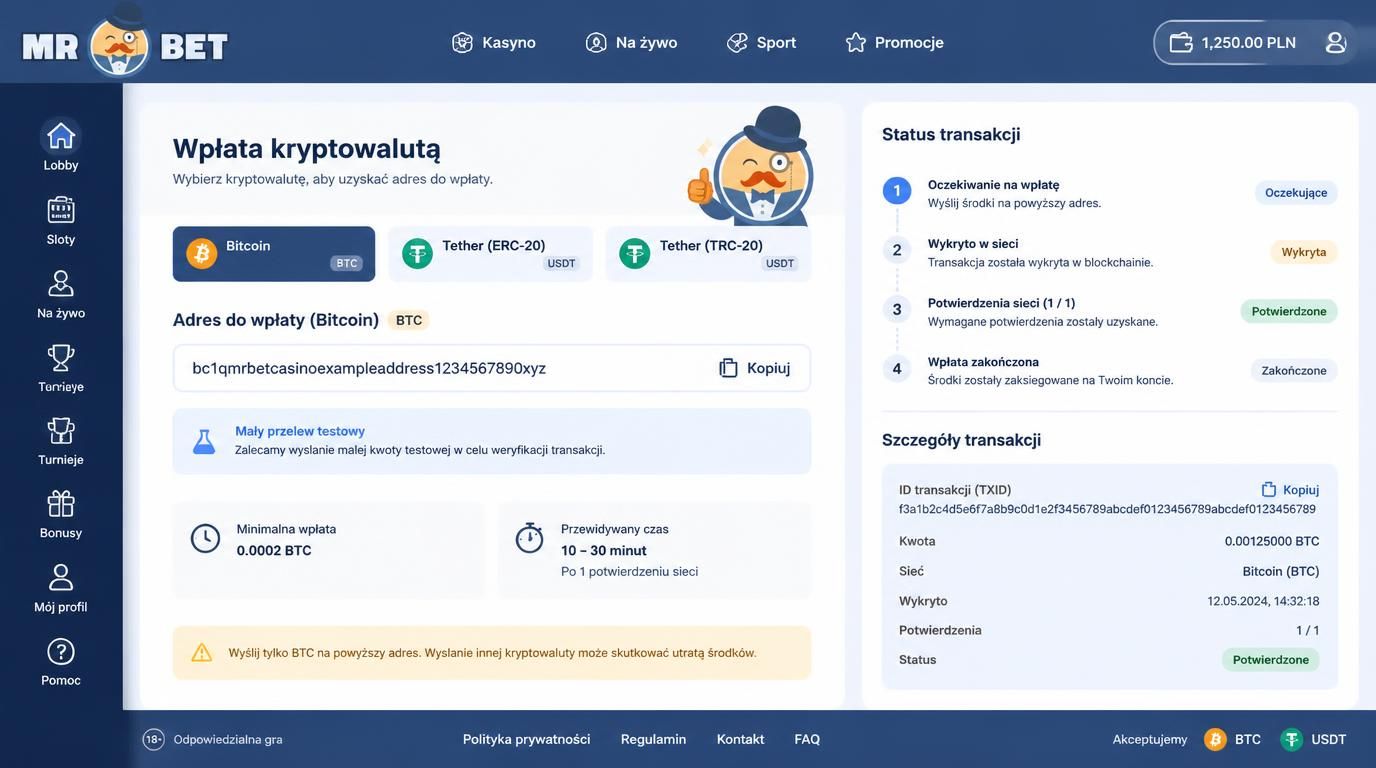 Proces wpłaty kryptowalutami: wybór sieci, testowy przelew, ID transakcji
