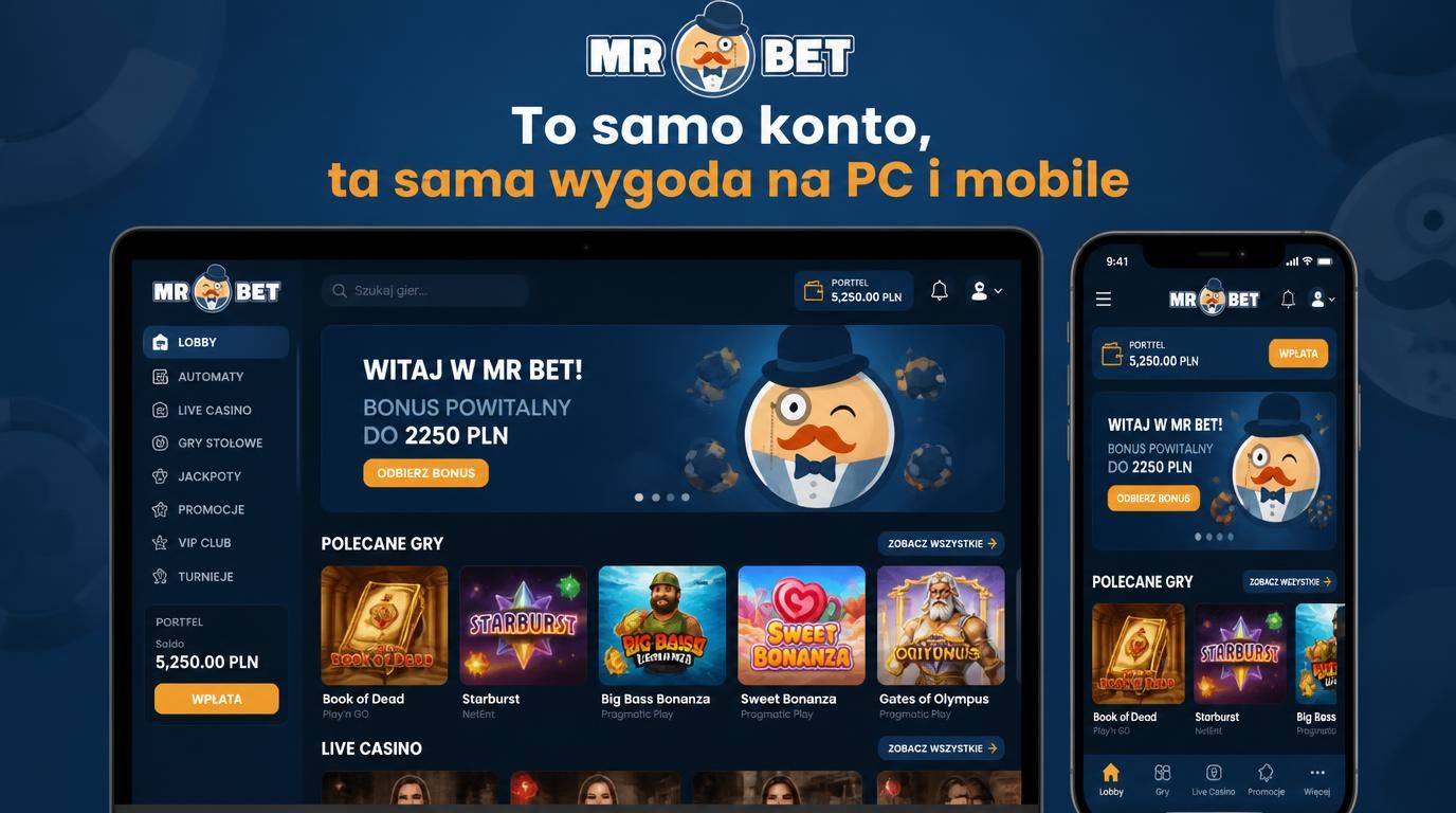 Interfejs PC i telefonu z kontem Mr Bet