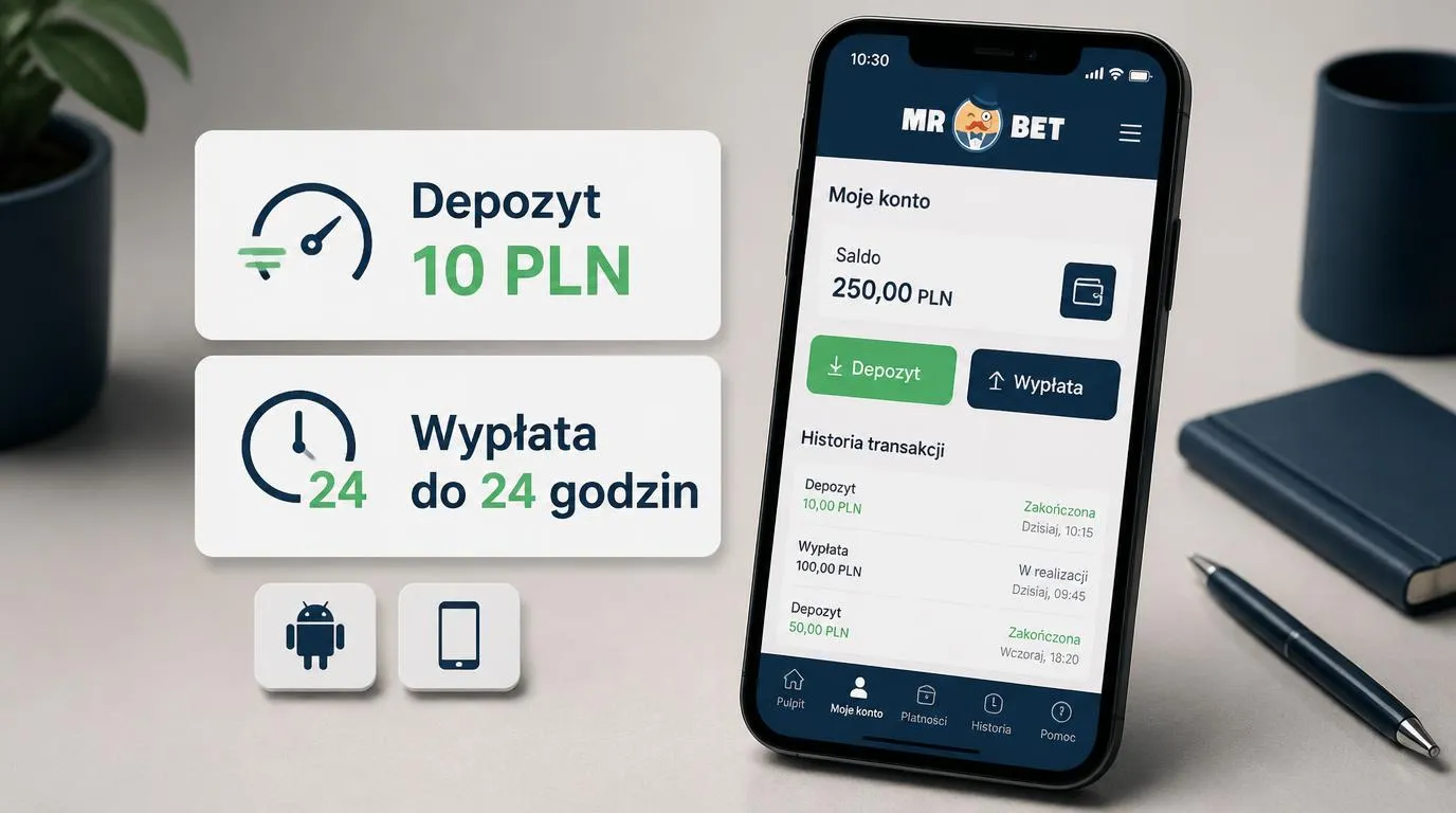 Telefon z panelem kasyna oraz karty informacyjne o depozycie 10 PLN i wypłacie do 24 godzin