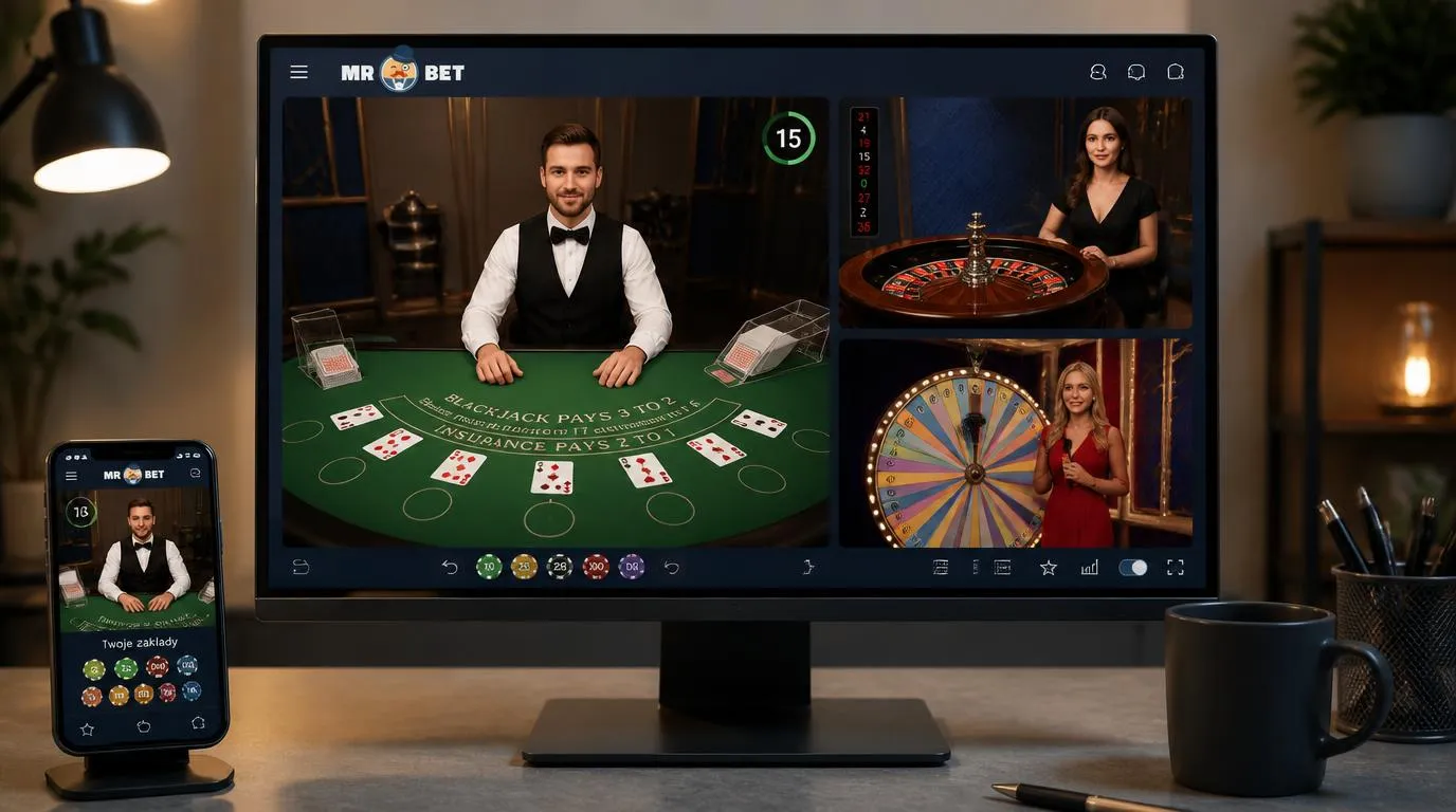 Krupier przy stole blackjacka, koło ruletki i ekran teleturnieju w lobby kasyna na żywo
