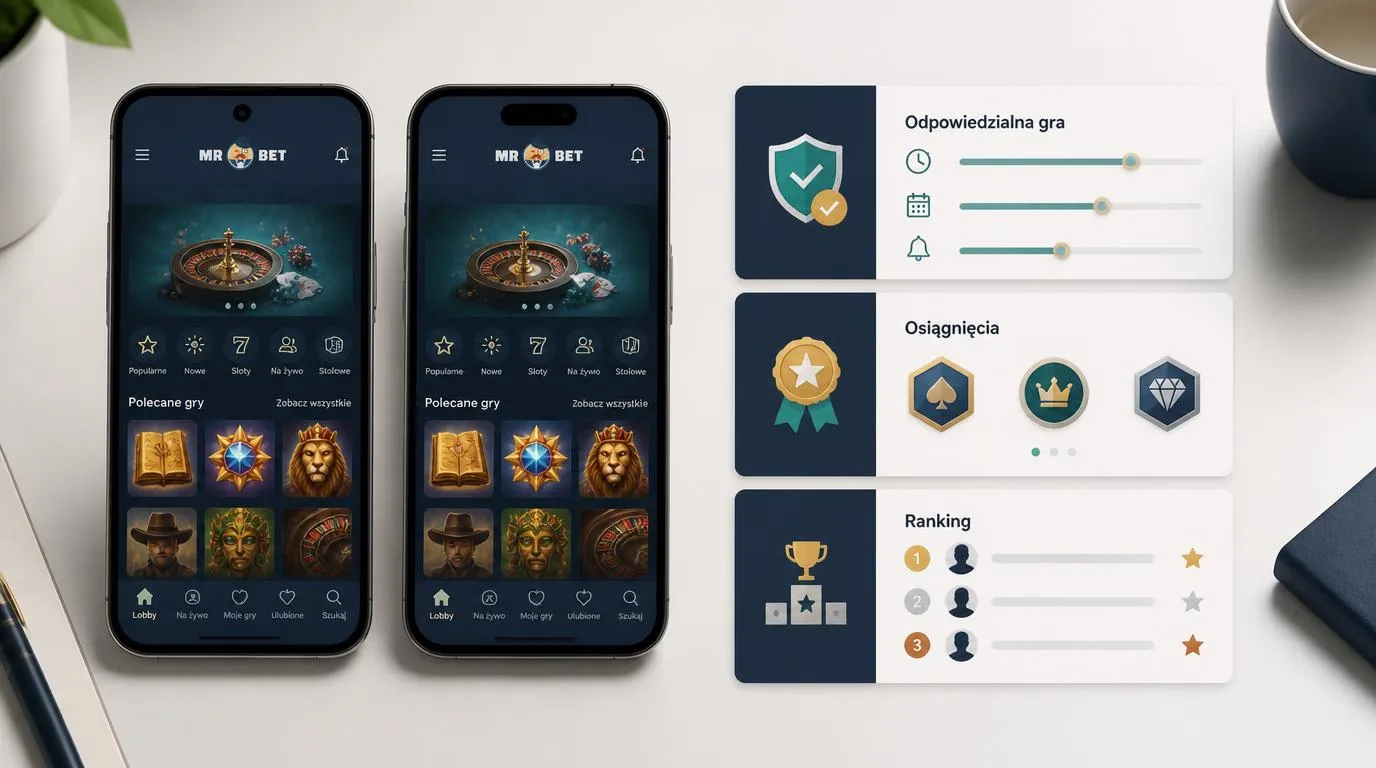 Dwa smartfony z aplikacją kasynową oraz panel odpowiedzialnej gry, osiągnięć i rankingów