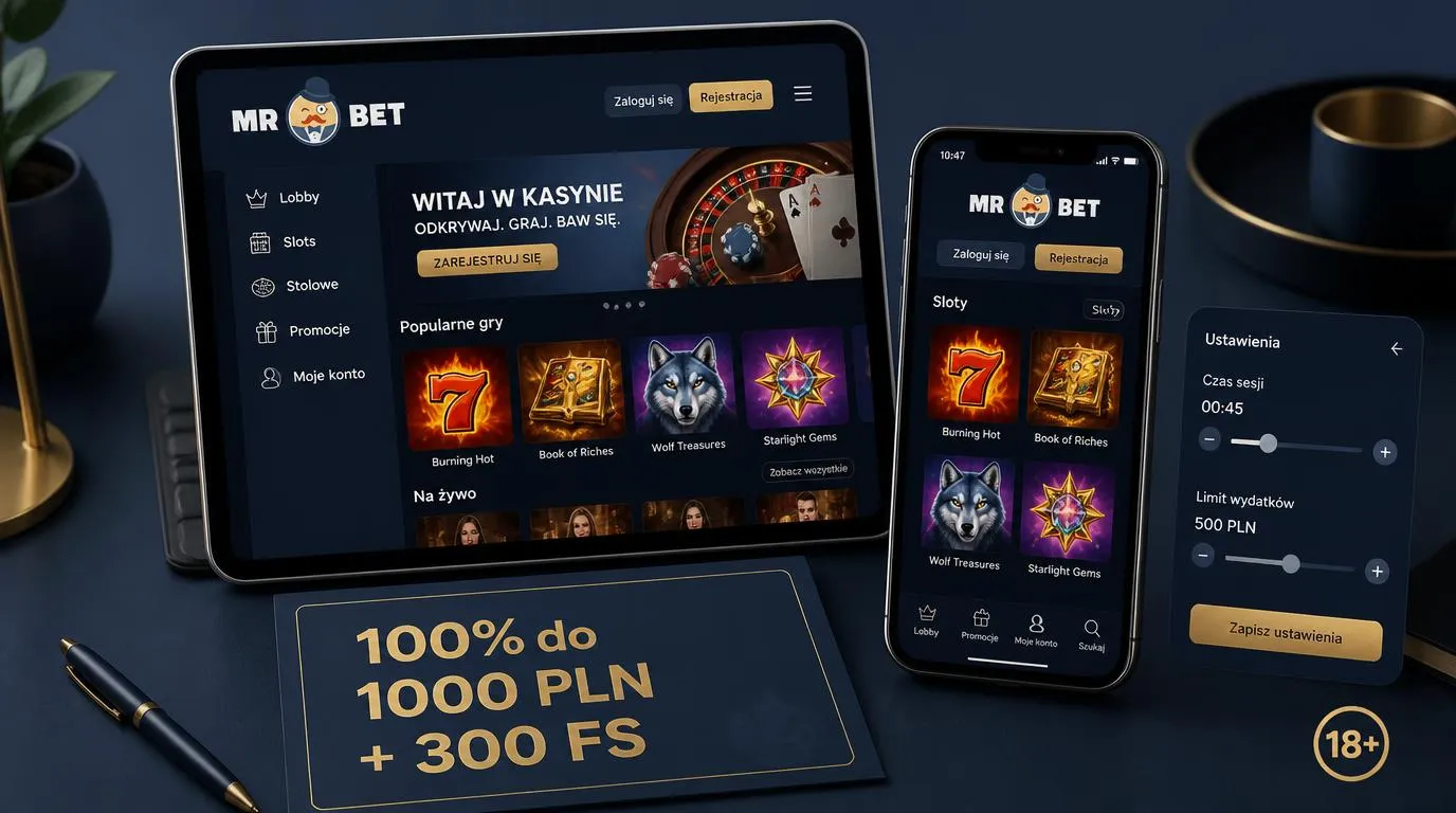 Smartfon i tablet z przykładowym interfejsem kasyna oraz kartą bonusu 100% do 1000 PLN i 300 FS